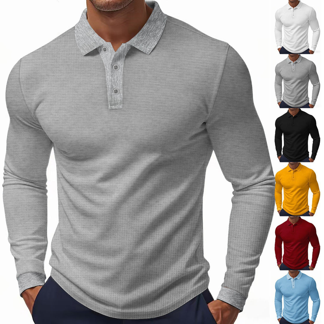 Men's Long Sleeve Polo Shirt with Textured Surface Lisslune