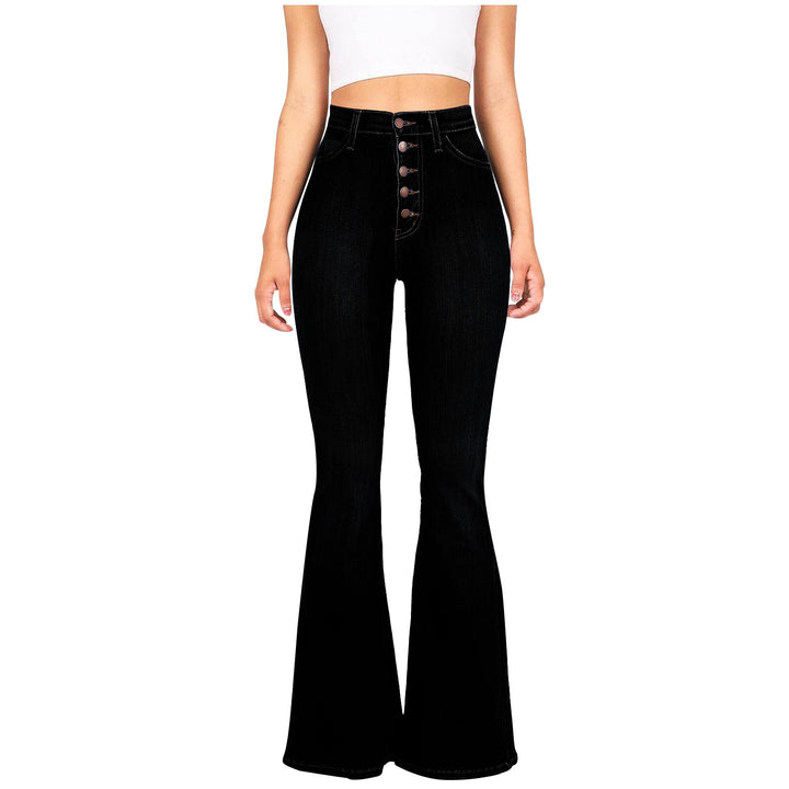Women High-Waist Flared Jeans with decorative button details and elastic waistband Lisslune
