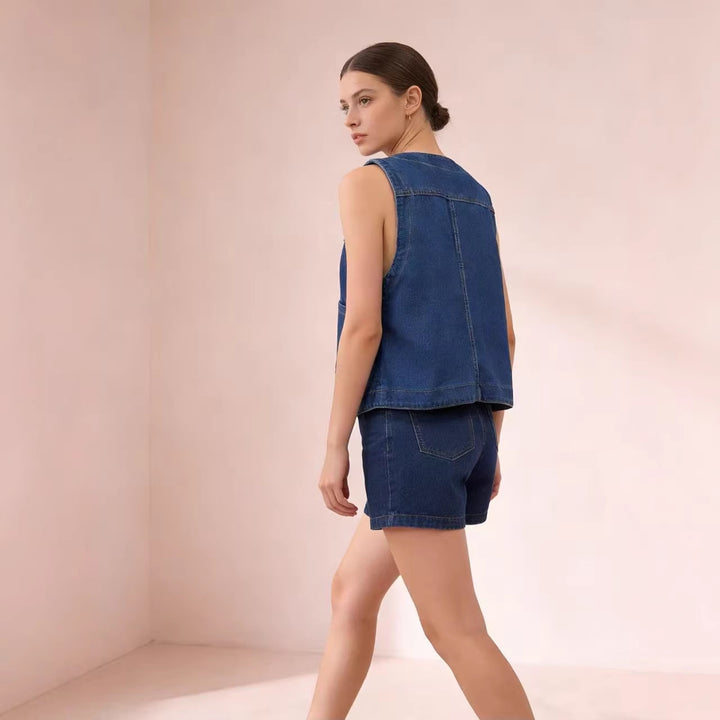 Women's Casual Denim Vest with Button Details and Patch Pockets Lisslune