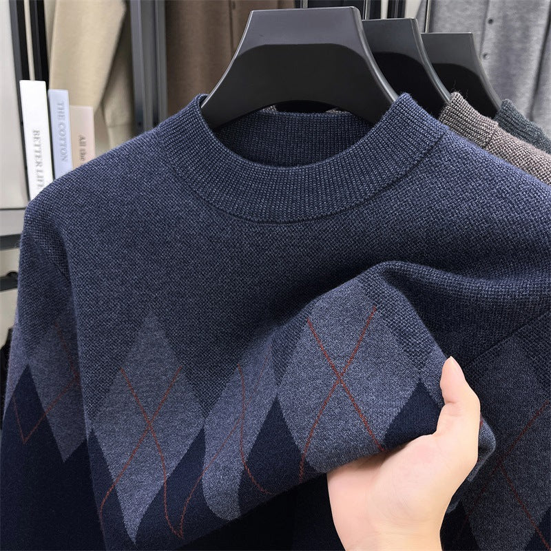 Men's Elegant Sweater with Modern Diamond Pattern and High Collar Lisslune
