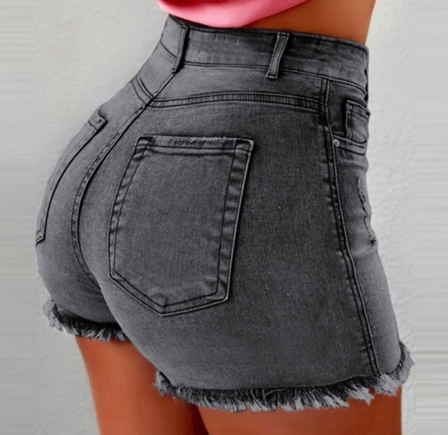 Ladies high-waisted denim shorts with fringed hem Lisslune