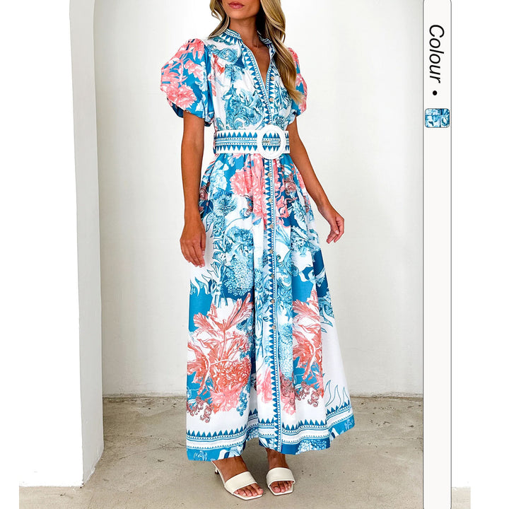 Women’s maxi dress with high collar and elegant puff sleeves Lune London