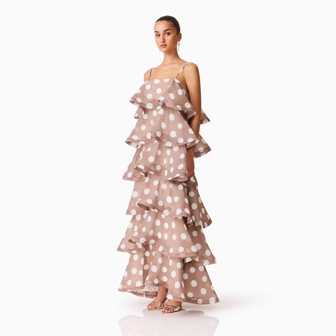 Ladies maxi dress with playful ruffles and dots Lune London