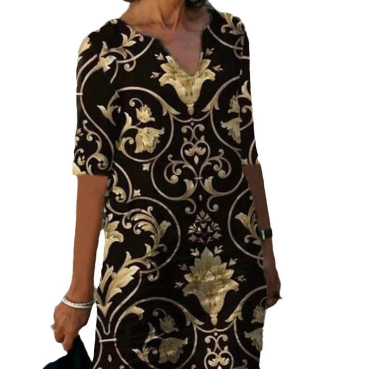Ladies luxurious V-neck dress with floral design and short sleeve Lisslune