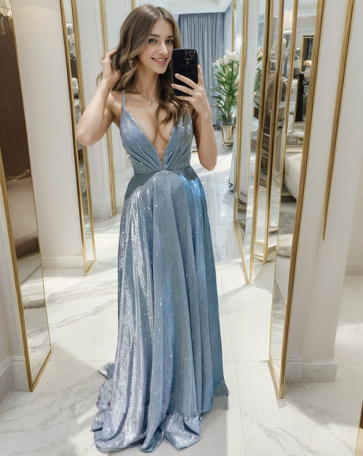 Ladies Glamorous Evening Dress with V-Neck and Shimmering Design Lisslune
