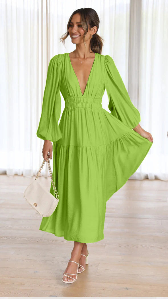Women's long-sleeve maxi dress with deep V-neck and wide skirt Lune London