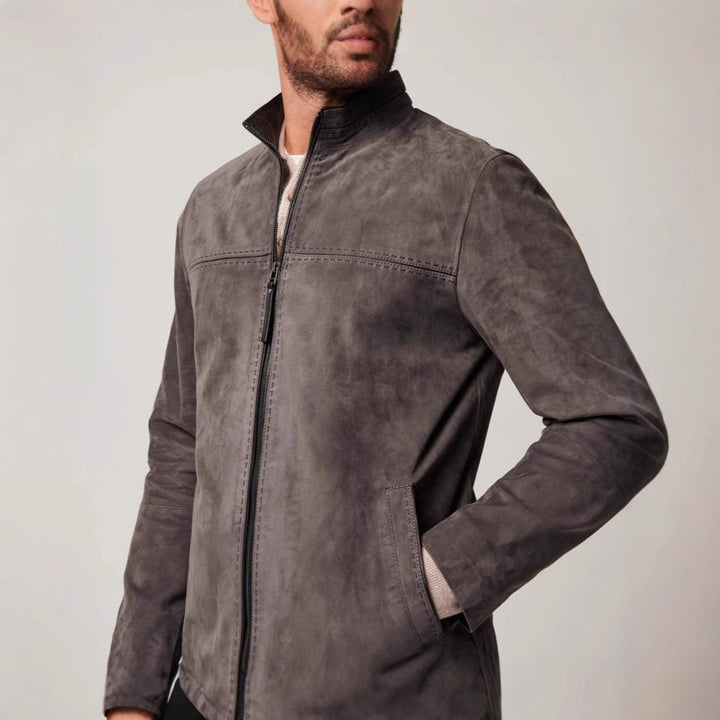 Men's elegant suede jacket with textured design and practical zippered pockets Lisslune