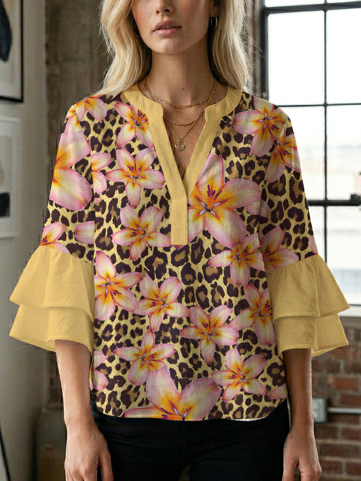 Women's casual blouse with ruffled sleeves and botanical print Lisslune