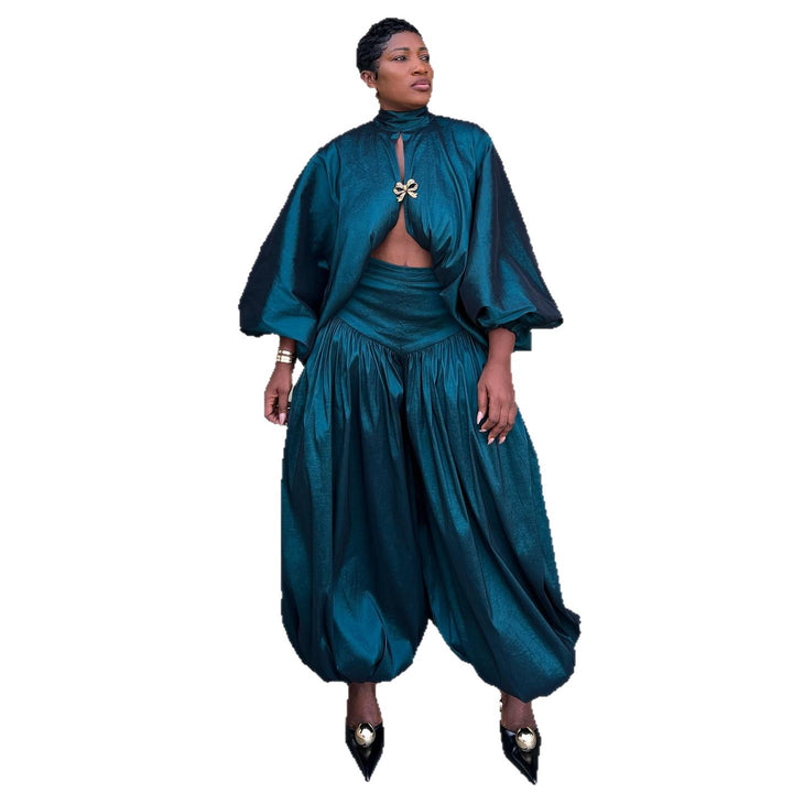 Women's Elegant Ensemble with Ruffle and Wide-Cut Top