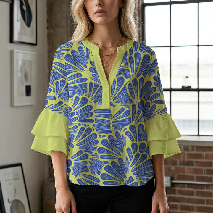 Ladies elegant blouse shirt with voluminous puff sleeves and graphic floral design Lisslune