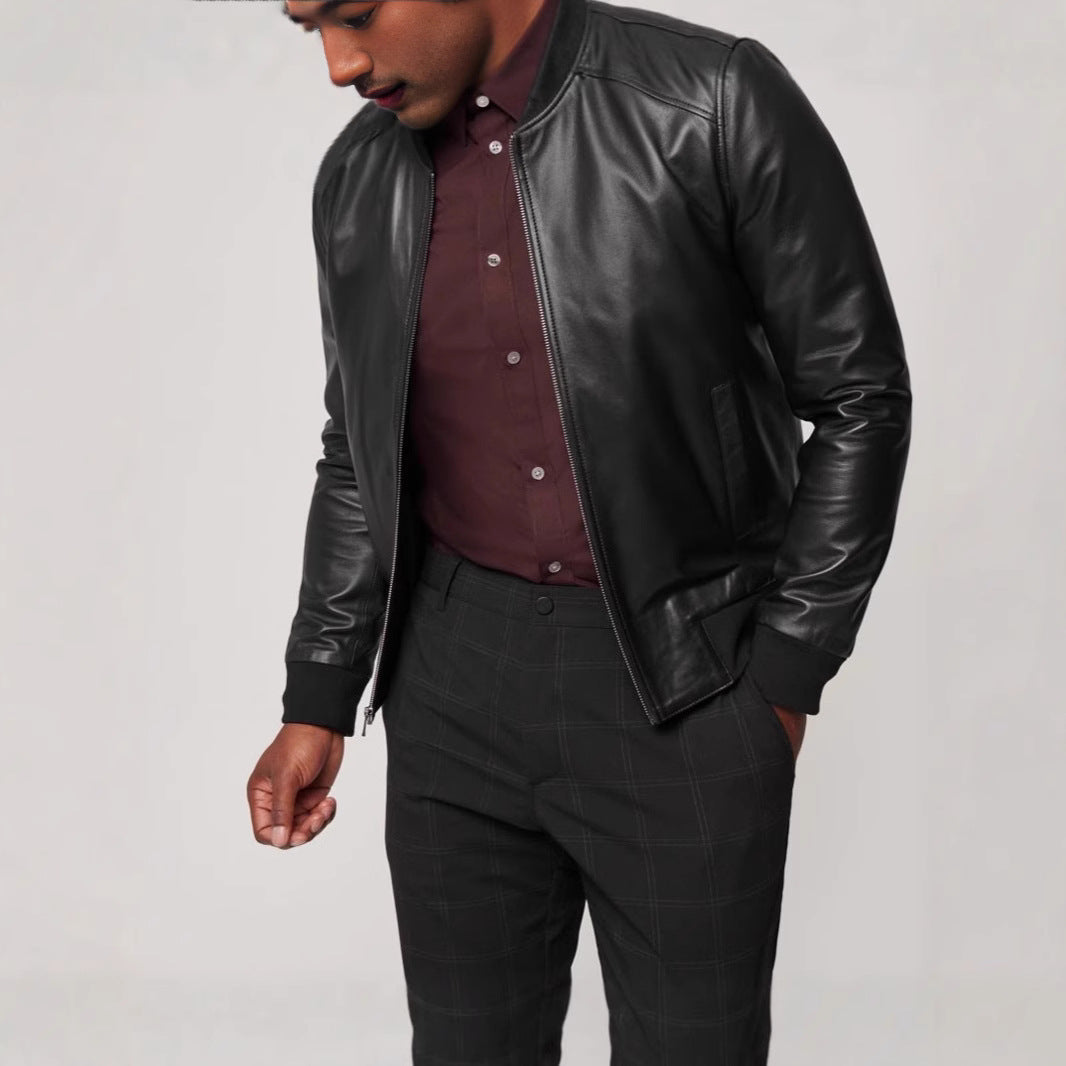 Men's Synthetic Leather Bomber Jacket with Elastic Cuffs Lisslune