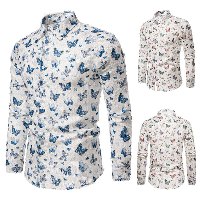 Men's Long Sleeve Shirt with Colorful Butterfly Pattern Lisslune