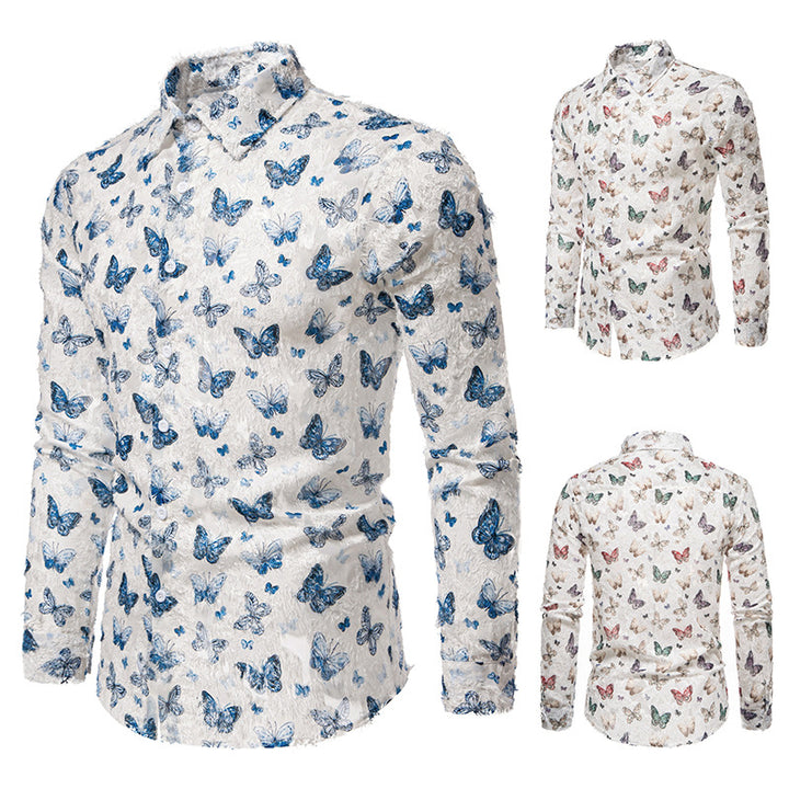 Men's Long Sleeve Shirt with Colorful Butterfly Pattern Lisslune