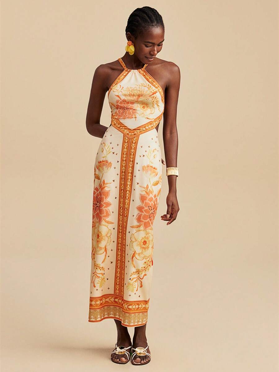 Women's maxi dress with exclusive halter design and floral print