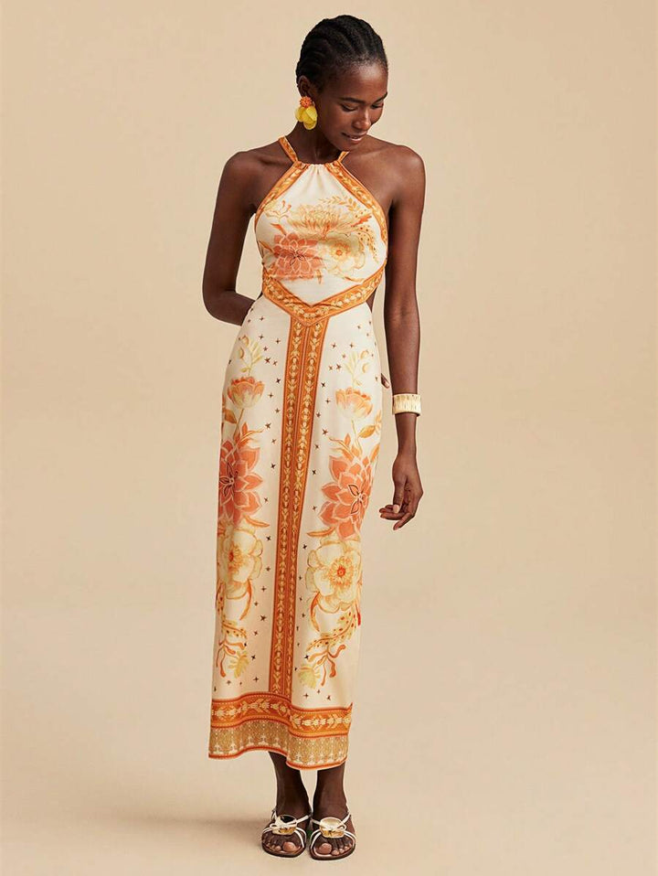 Women's maxi dress with exclusive halter design and floral print