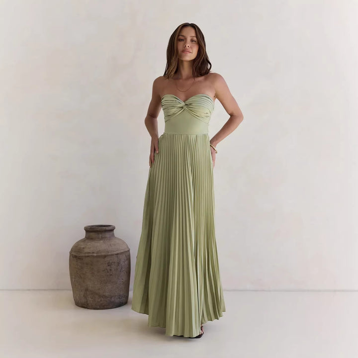 Women's Long-Sleeved Pleated Dress with Elegant Top and Flowing Skirt Lune London