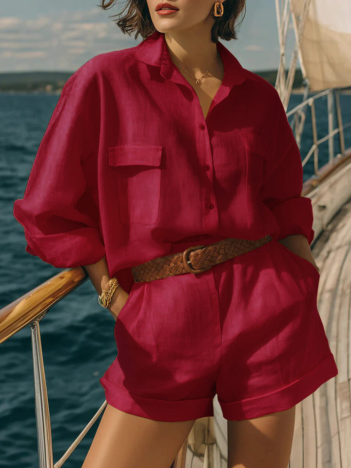 Women's Airy Short Sleeve Shirt and Shorts Set Lisslune