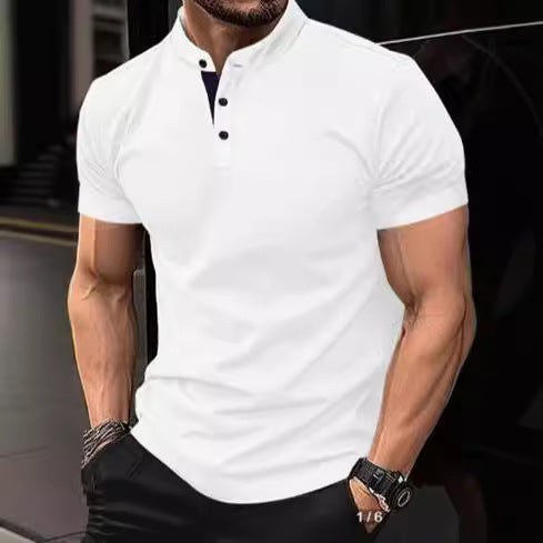 Men's stylish short-sleeve shirt with modern stand-up collar and decorative buttons Lisslune