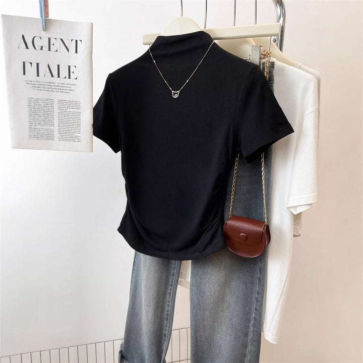 Women fitted T-shirt with stand-up collar and sophisticated ruffle detail