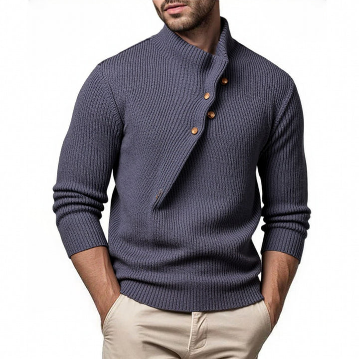 Men's fashionable knit sweater with stand-up collar and asymmetrical button placket Lisslune
