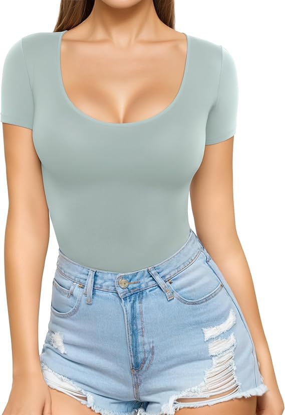 Damen figurbetontes Kurzarm-Body mit rundem Ausschnitt und nahtlosem Design Lisslune