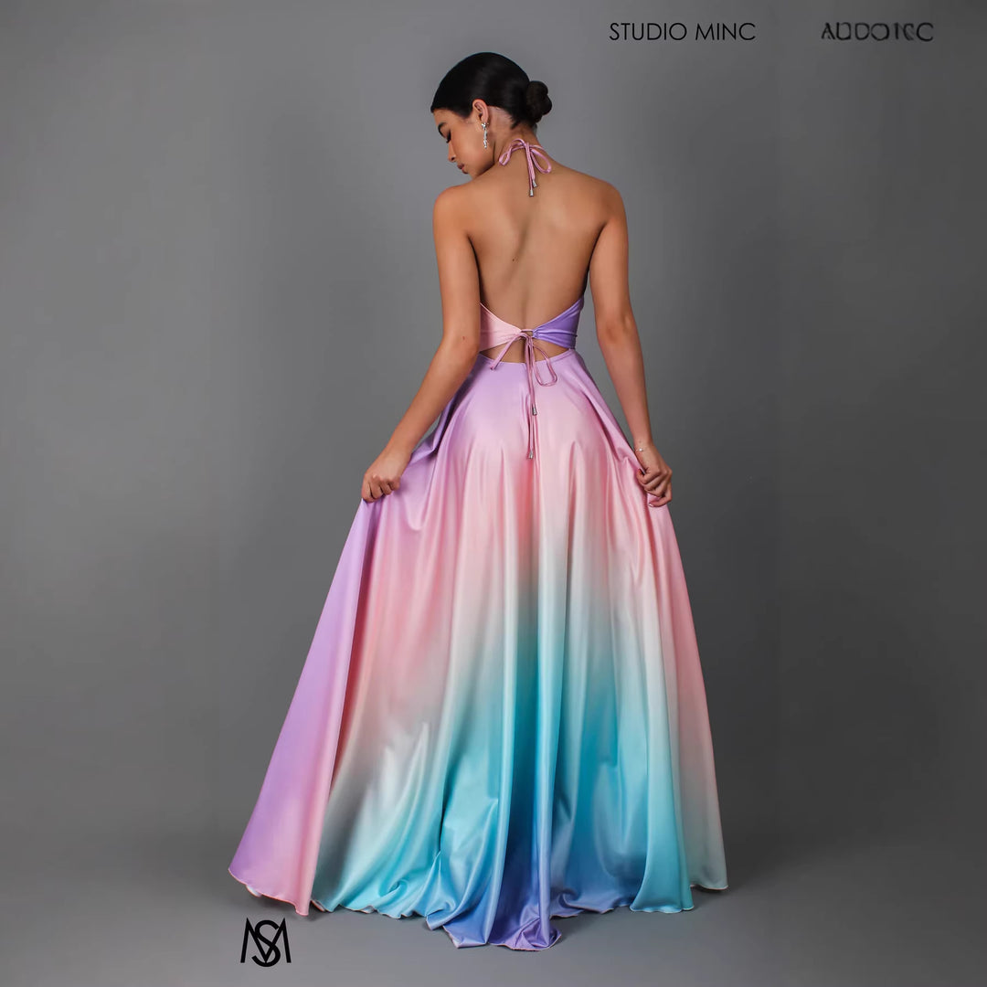 Women Elegant Maxi Dress with Stylish Halter Neck and Smooth Satin Look