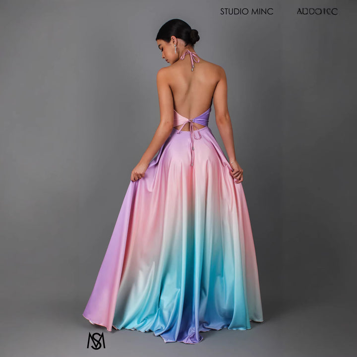 Women Elegant Maxi Dress with Stylish Halter Neck and Smooth Satin Look