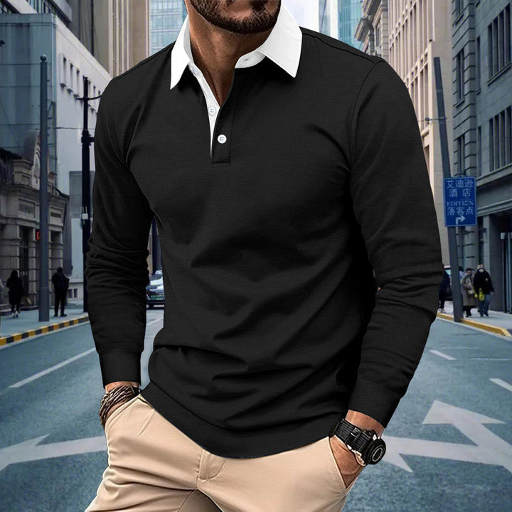 Men's Long Sleeve Polo Shirt with Contrasting Collar Lisslune