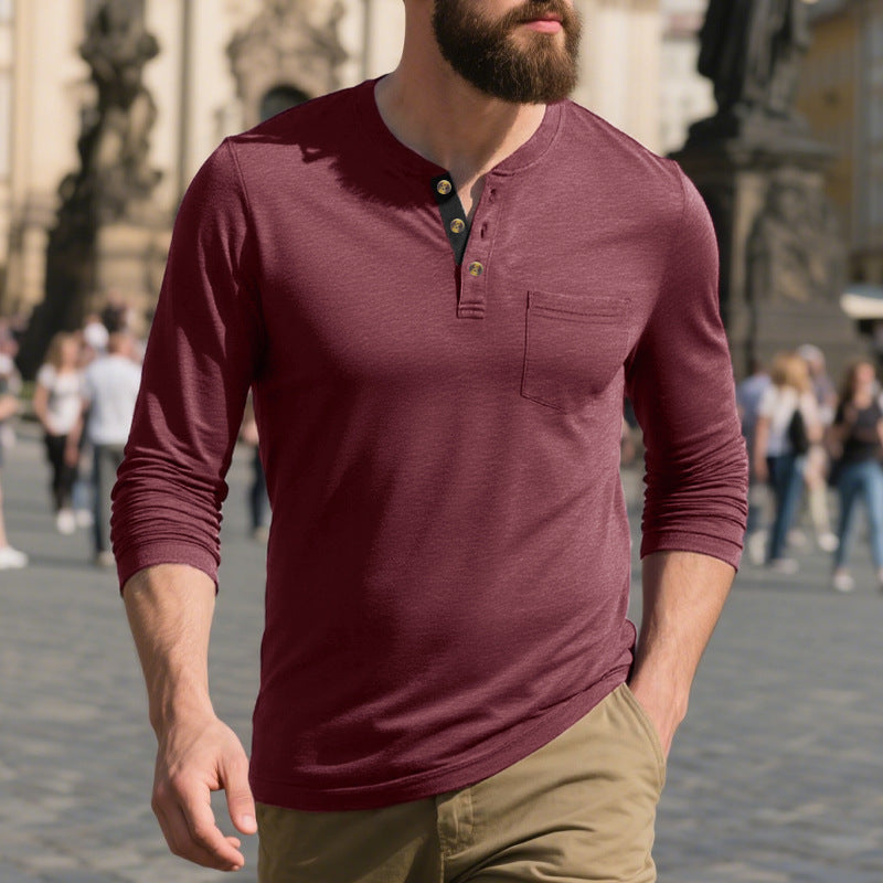 Men's Long Sleeve Henley Shirt with Practical Chest Pocket Lisslune