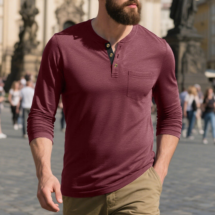 Men's Long Sleeve Henley Shirt with Practical Chest Pocket Lisslune