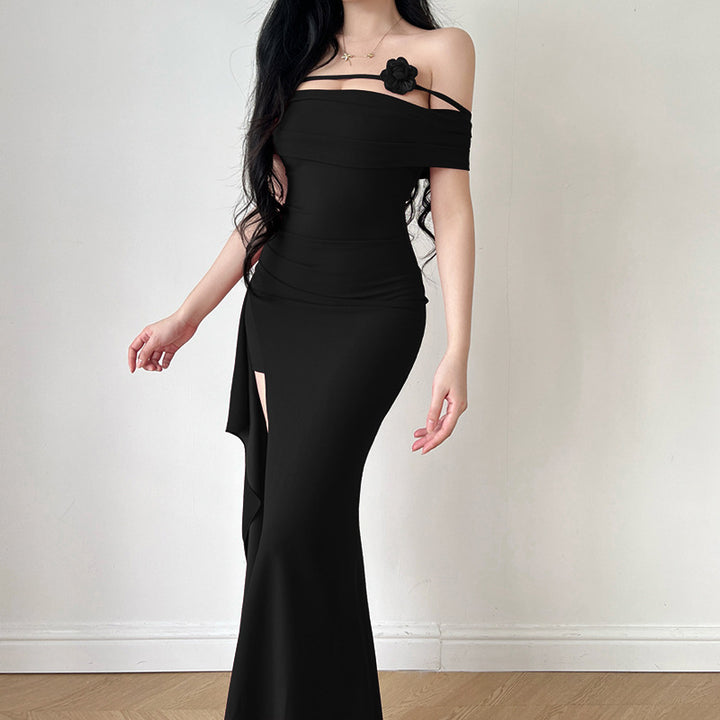 Women's elegant off-shoulder maxi dress with sophisticated cut and floral accents
