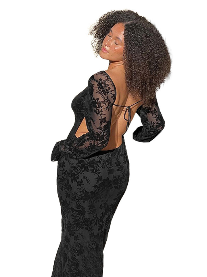 Women's Elegant Long Sleeve Dress with Floral Patterns and Figure-Hugging Silhouette
