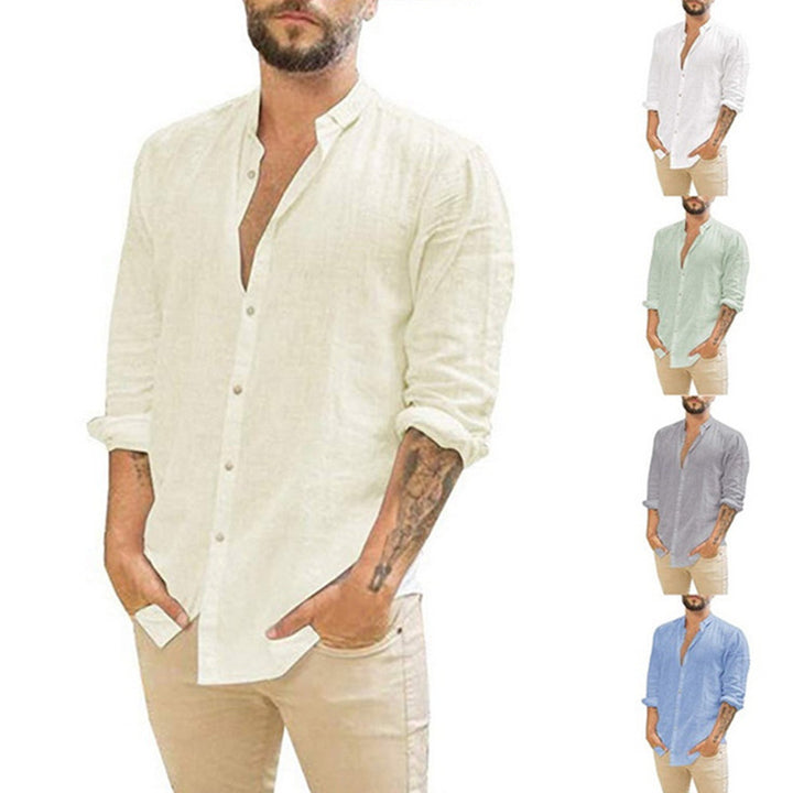 Men's Long Sleeve Shirt with Modern Stand-Up Collar and Textured Design Lisslune