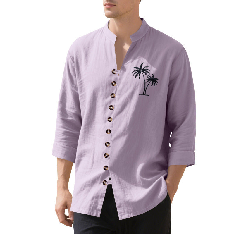 Men's long-sleeve shirt with embroidered palm motif and button placket Lisslune