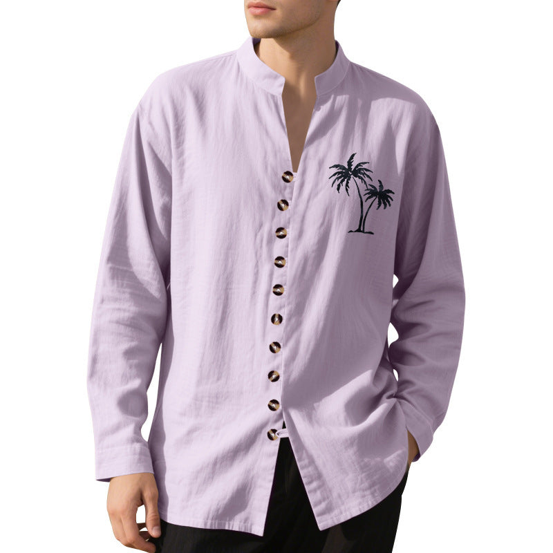 Men's long-sleeve shirt with embroidered palm motif and button placket Lisslune