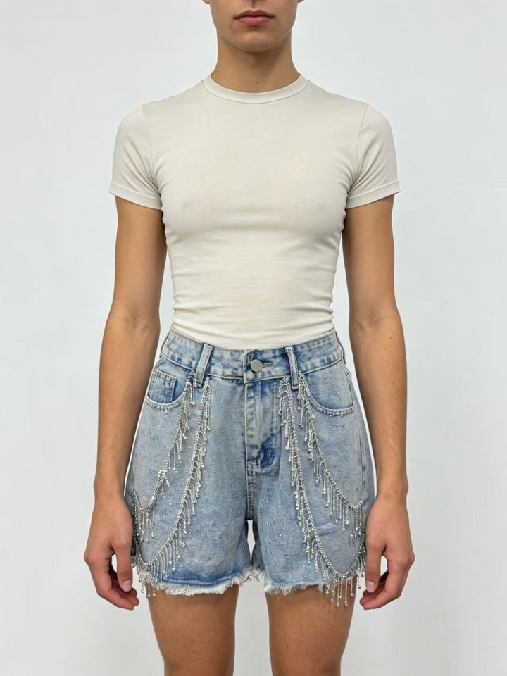 Women's Designer Denim Shorts with Trendy Chain Embellishments Lisslune