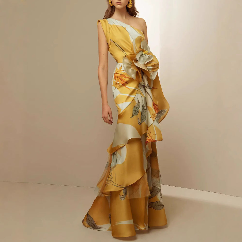 Women's elegant asymmetrical evening dress with flowing skirt and eye-catching ruffle details