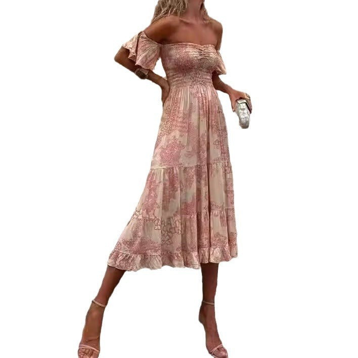 Women's Off-Shoulder Maxi Dress with Ruffle Details and Elastic Waistband Lune London
