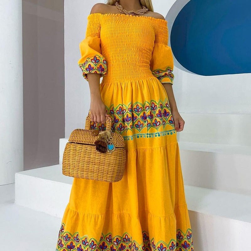 Women's Boho Maxi Dress with Off-the-Shoulder Design and Playful Embroidery Detail