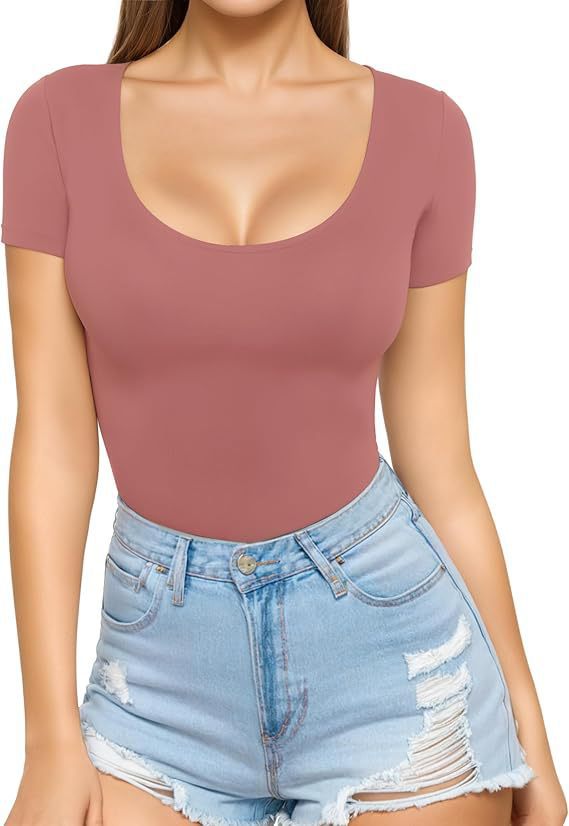 Damen figurbetontes Kurzarm-Body mit rundem Ausschnitt und nahtlosem Design Lisslune