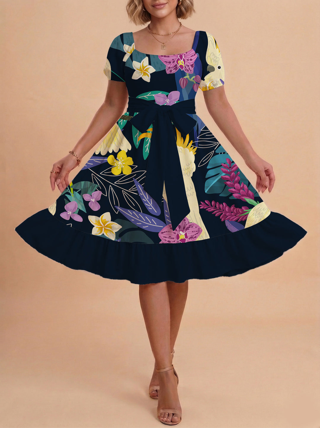 Women A-line dress with floral motifs and adjustable belt Lisslune