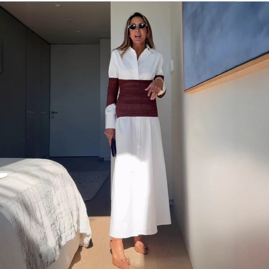 Ladies maxi dress with innovative wrap design and modern contrast details Lune London