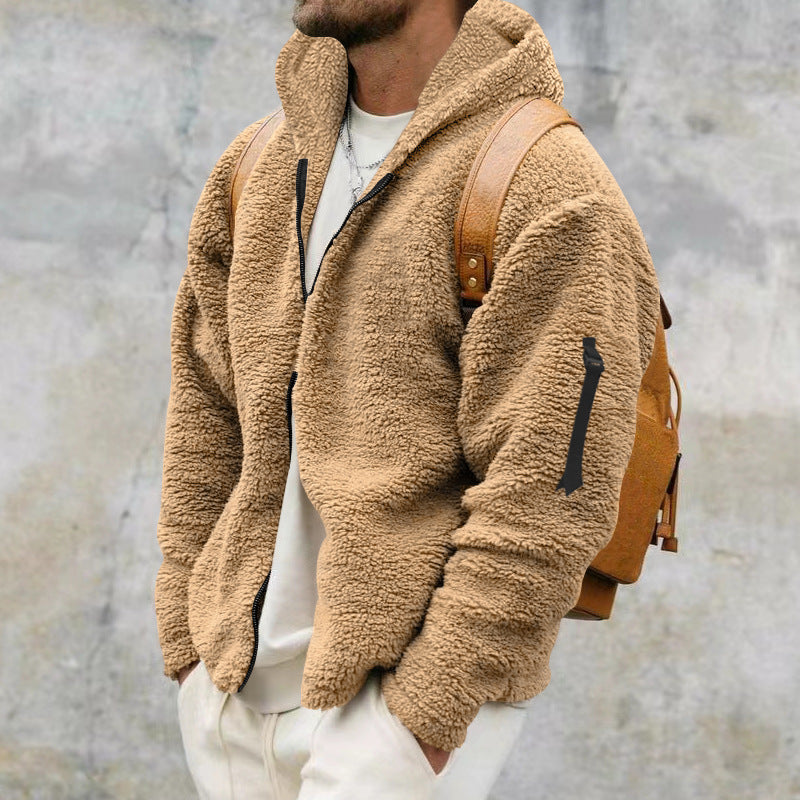 Men's Plush Fleece Jacket with Hood and Practical Pockets Lisslune