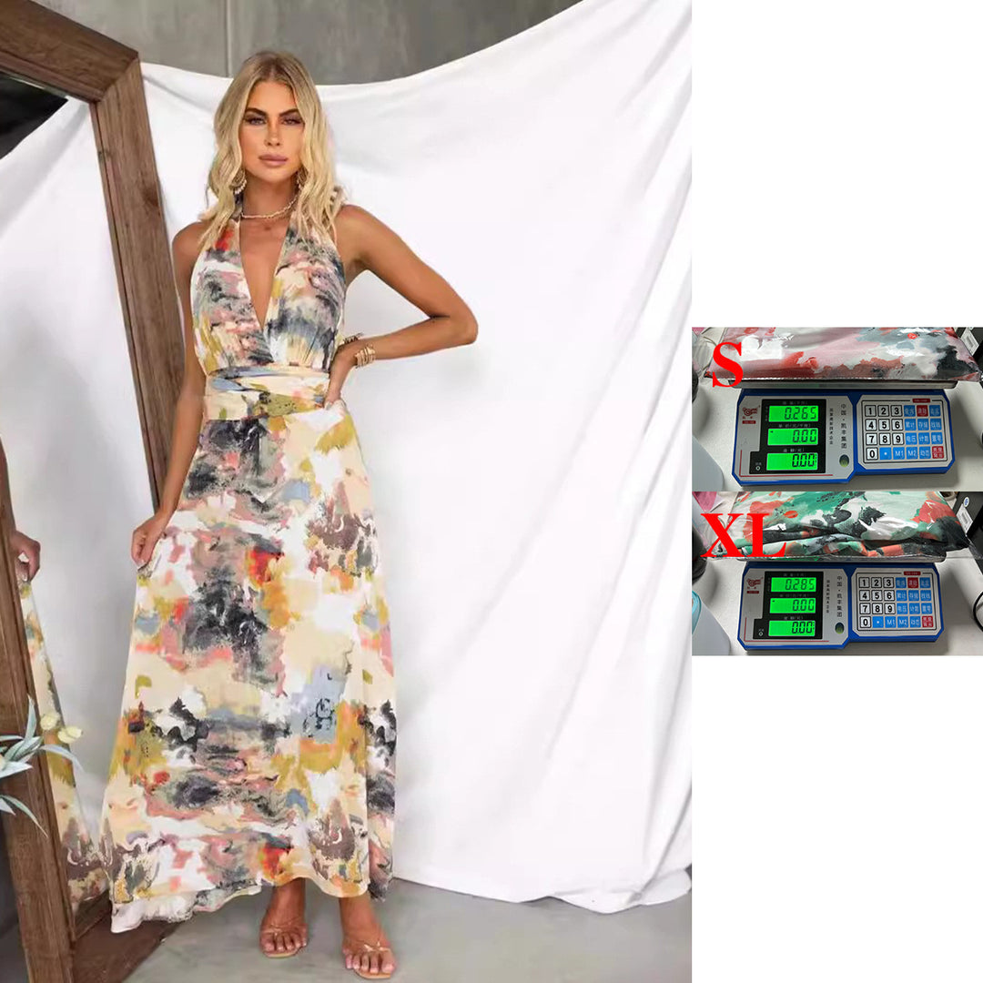Ladies maxi dress with deep V-neck and elegant tie belt Lune London