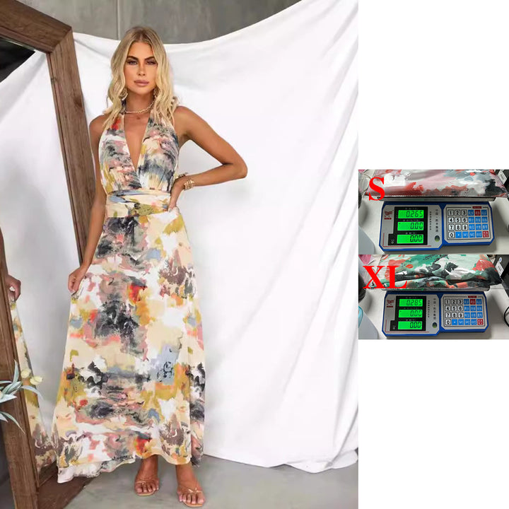 Ladies maxi dress with deep V-neck and elegant tie belt Lune London