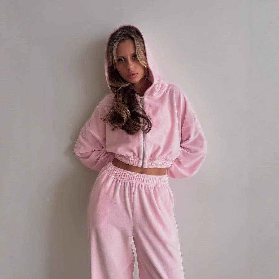Women's Sporty Fleece Set with Zipper and Elastic Waistband Lisslune