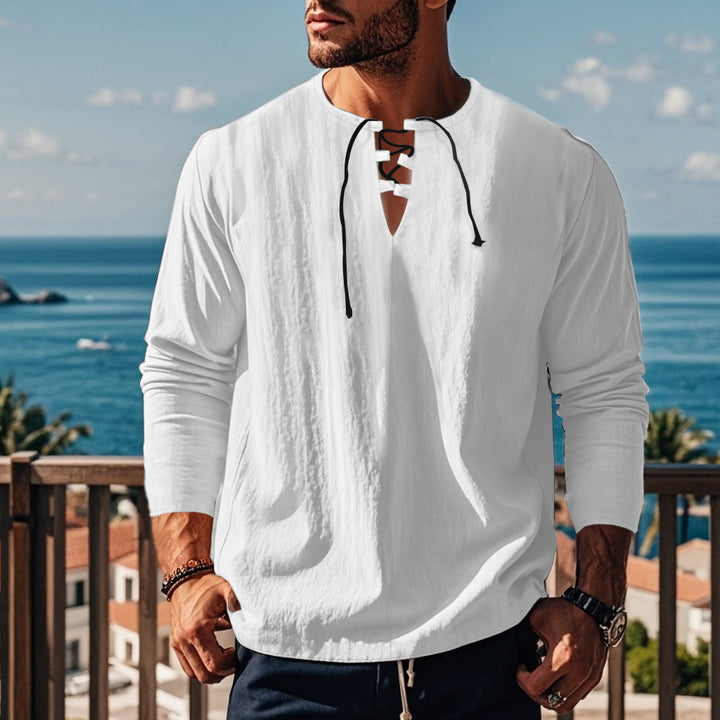 Men's casual long-sleeve shirt with neckline and lacing Lisslune