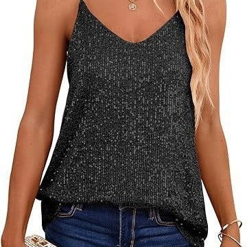 Women's Sparkling Spaghetti Strap Top with V-Neck and Shimmering Details Lisslune