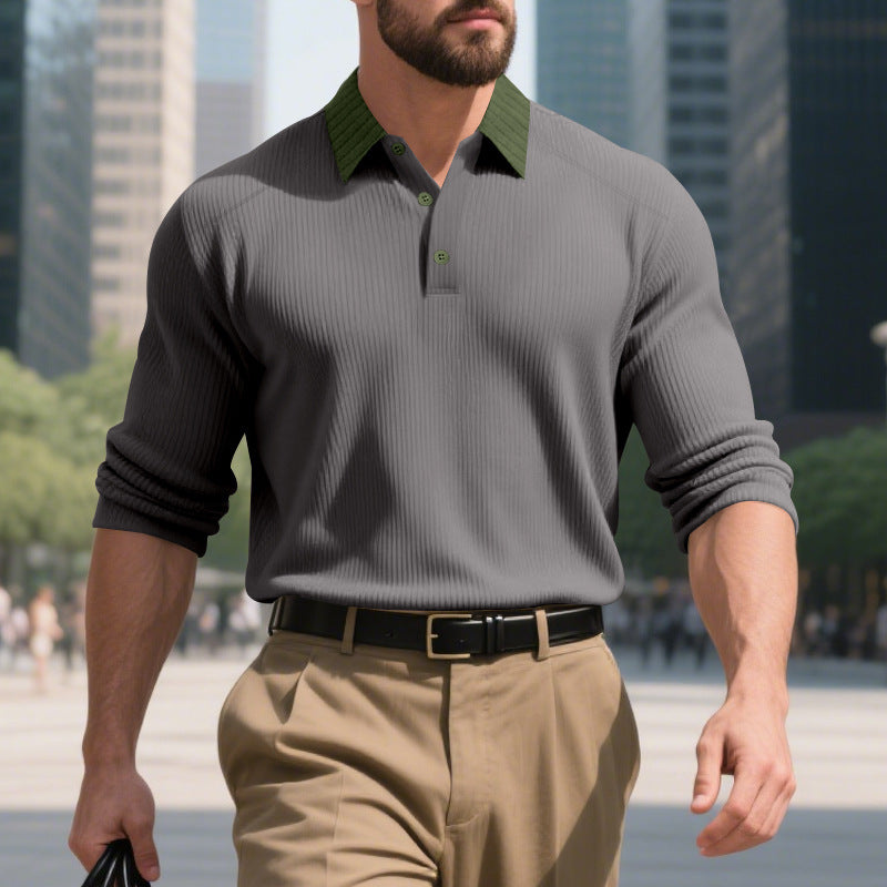 Men's long sleeve polo shirt with textured collar and decorative button closure Lisslune