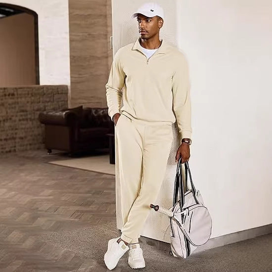 Men's leisure suit with modern stand-up collar and practical zipper pockets Lisslune